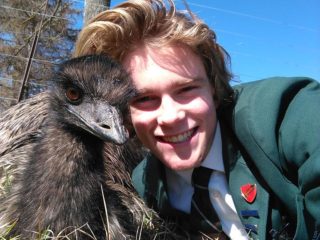 School boy and his pet emu up close on a lifestyle block